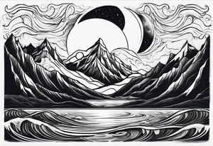 A moon that Drips at the bottom Surrounded by Mountains and waves. tattoo idea