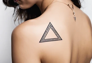 Generate a minimalistis tattoo with a quote Know Thyself but use a greek alphabet. Add a triangle and 3 starts. Use very thin lines tattoo idea