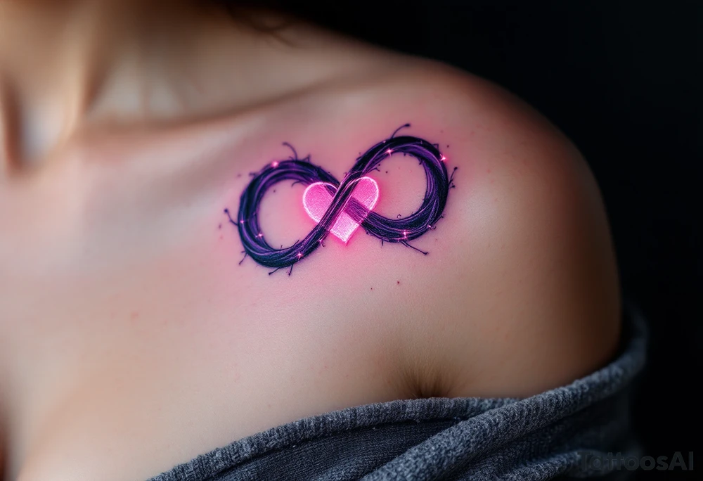 A purple and black shaded infinity symbol wrapping around a glowing red heart in the middle. tattoo idea