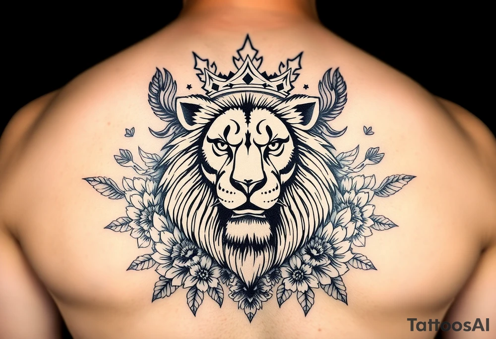 powerful majestic lion with a crown, surrounded by floral ornaments and birds tattoo idea