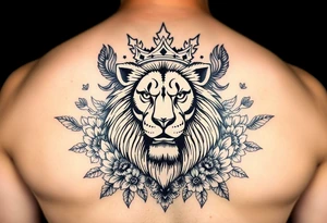 powerful majestic lion with a crown, surrounded by floral ornaments and birds tattoo idea