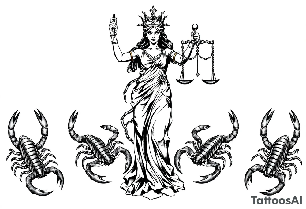 The figure of Lady Justice next to two Scorpions tattoo idea