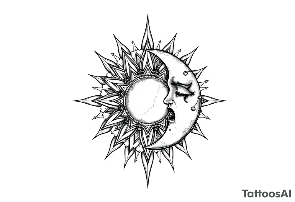 celestial sun and moon embrace with constellation patterns tattoo idea