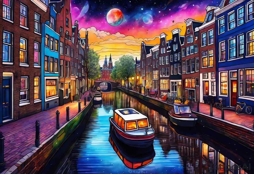 Glass animals in Amsterdam canal in space featuring galaxy colours tattoo idea