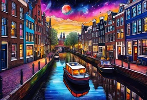 Glass animals in Amsterdam canal in space featuring galaxy colours tattoo idea