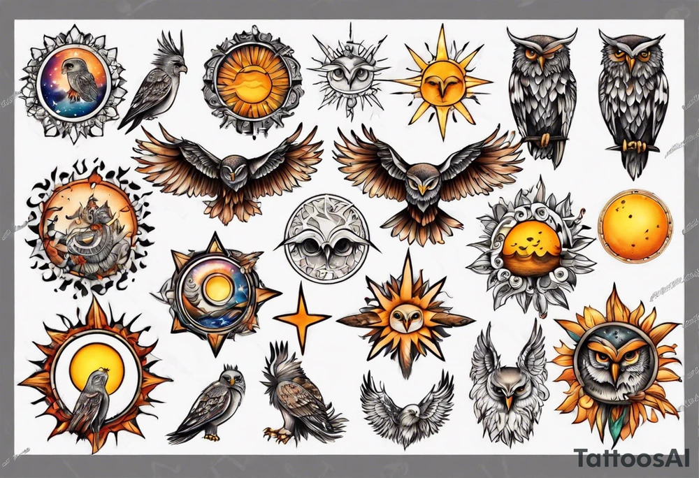 Eule und sonne tattoo idea