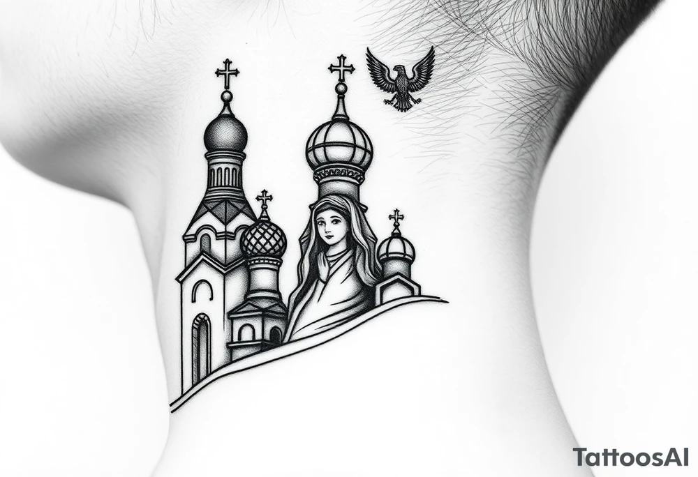 Flowing Scene

A onion domes orthodox church
Virgin Mary in prayer pose wrapping around the lower neck curve
A small double headed russian coat of arms eagle or just the star tucked above the dome near the hairline tattoo idea