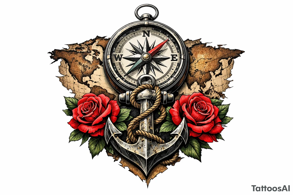 a compass under it an anchor, roses,world map. tattoo idea