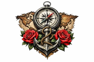 a compass under it an anchor, roses,world map. tattoo idea