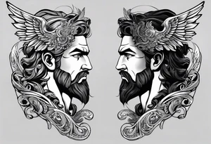 Greek or Roman mythology half sleeve  add some background and other things to make the person almost full or full height add background details men god tattoo idea