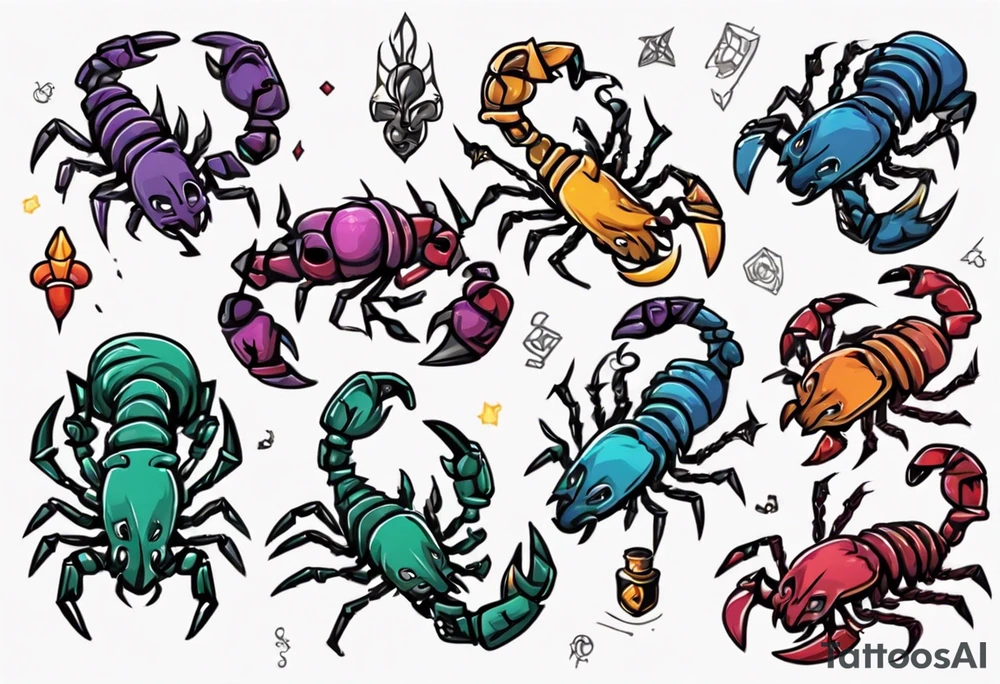 background that represents game development and designs with a scorpion make it magical, and cute tattoo idea