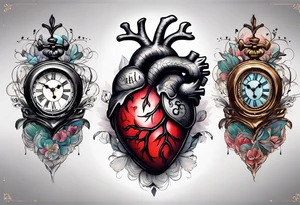 anatomical heart with clock in middle.
Clock hands on 8 and 5.
Never Say Never written on tattoo tattoo idea