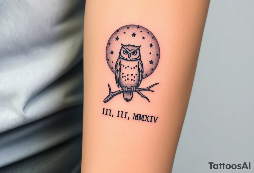 wise owl perched on ancient oak branch under starlit sky with “ VIII.III.MMXIV” underneath in Roman style font tattoo idea