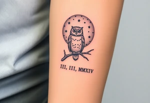 wise owl perched on ancient oak branch under starlit sky with “ VIII.III.MMXIV” underneath in Roman style font tattoo idea