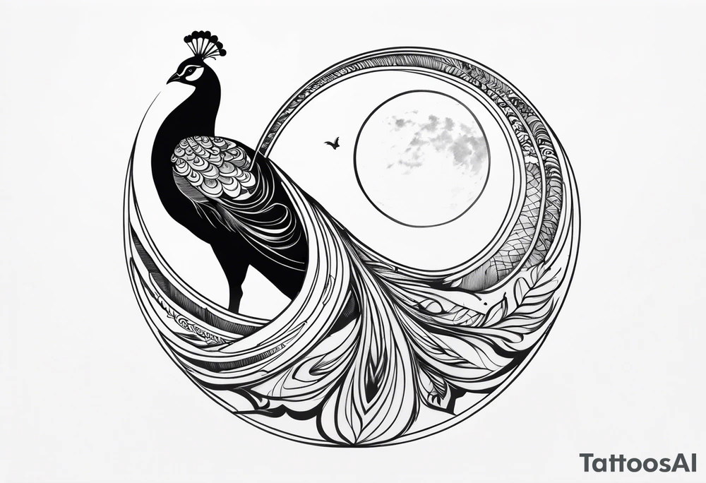 black and white peacock, moon above, infinity symbol in feather tattoo idea