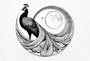 black and white peacock, moon above, infinity symbol in feather tattoo idea