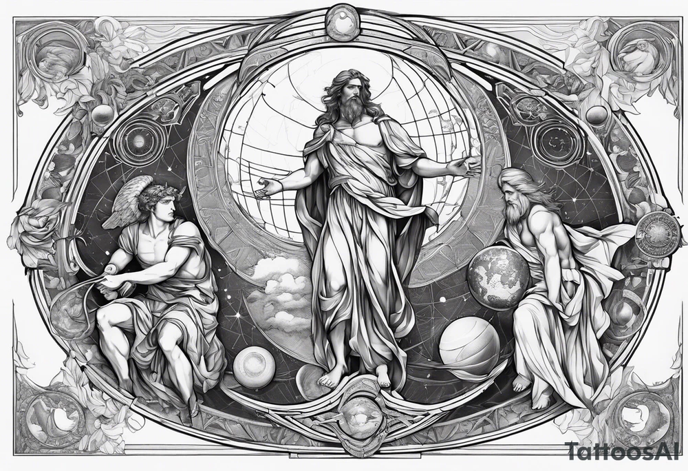 Atlas Greek god with da Vinci virtuvian man with planets and sexy guardian Angel tattoo idea
