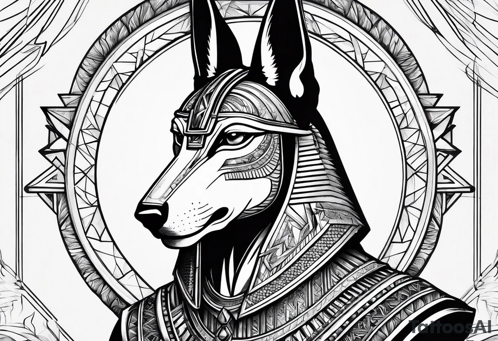 Strict Anubis portrait with pyramids on the background tattoo idea