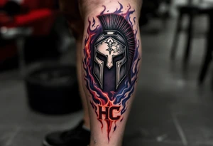 A leg sleeve merging AC and HC Sparta logos, surrounded by flames in red, orange, and violet. tattoo idea