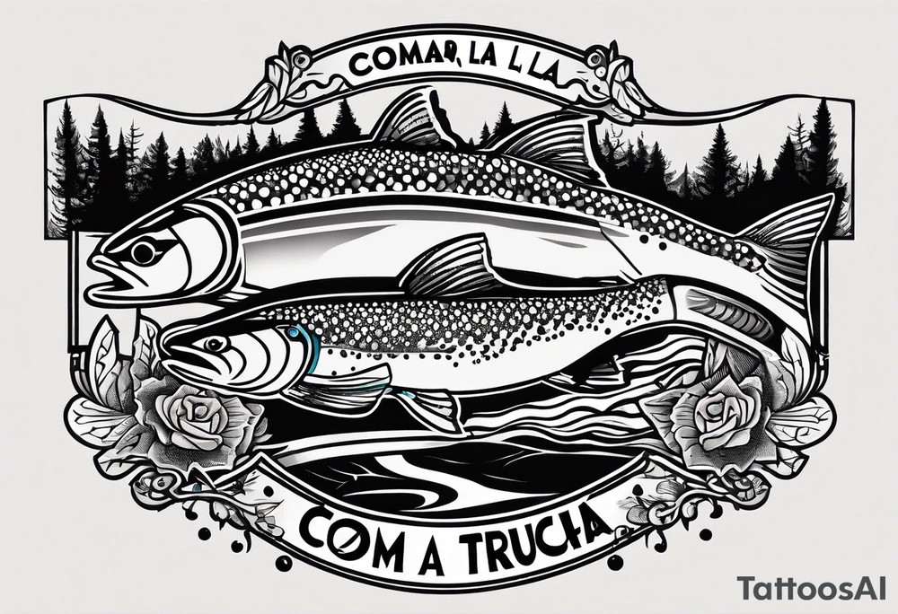 A small tattoo with a shaded trout and text that says, 'Como la trucha...' drawn with fine lines." tattoo idea