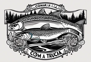 A small tattoo with a shaded trout and text that says, 'Como la trucha...' drawn with fine lines." tattoo idea