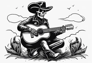 A skeleton with a cowboy hat on playing the guitar while sitting on a gravestone engraved with the words "Still Kickin'" and a pair of cowboy boots tattoo idea