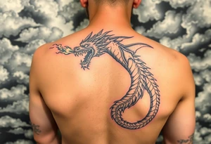 fierce dragon breathing iridescent fire against stormy skies Spelling J7 tattoo idea