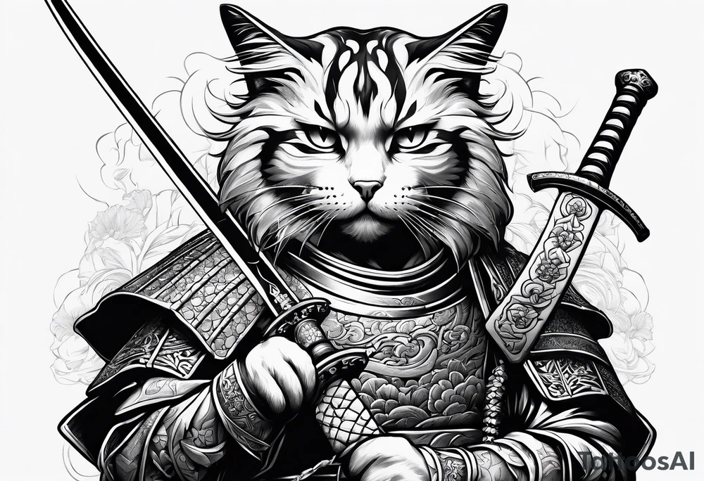 Samurai cat holding a sword tattoo idea