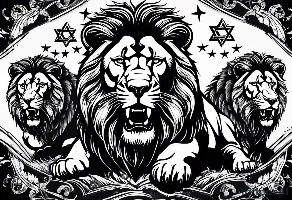 One roaring lion, next to it a roaring lioness, below them 3 roaring lion cubs and around a Star of David tattoo idea