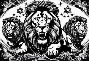 One roaring lion, next to it a roaring lioness, below them 3 roaring lion cubs and around a Star of David tattoo idea