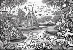 A bayou that has cypress trees, mushrooms, lily pads, frogs, and bugs with a mermaid in the background that is singing music. tattoo idea