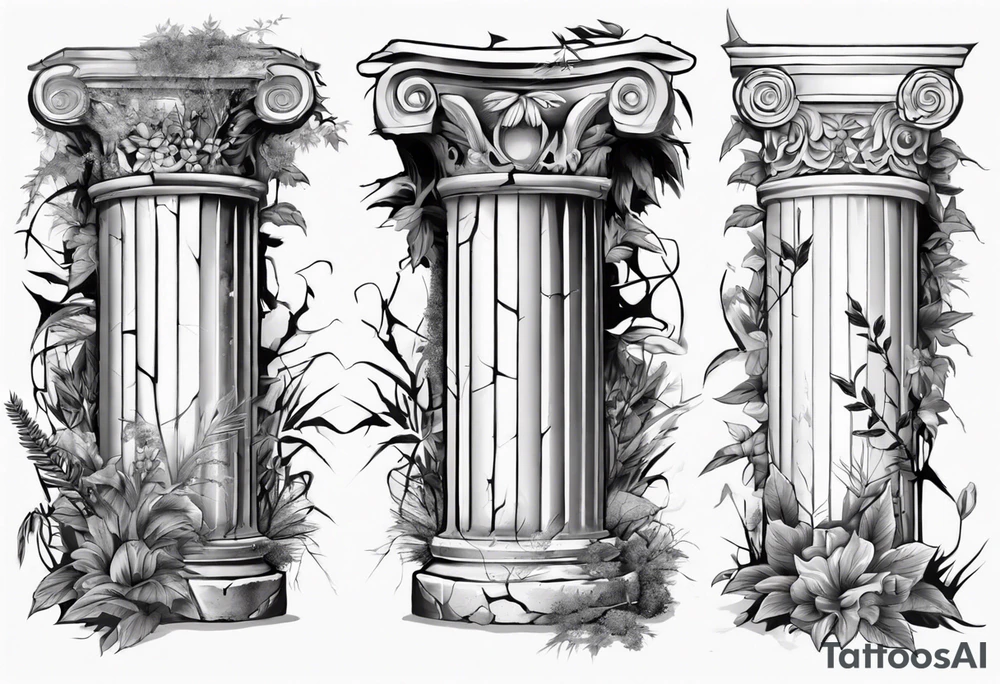 Half of an ancient roman pillar in the Ionian style. It has cracks on it, and on the lower half some overgrown plants. tattoo idea