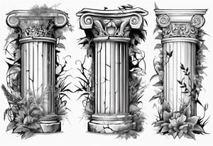 Half of an ancient roman pillar in the Ionian style. It has cracks on it, and on the lower half some overgrown plants. tattoo idea