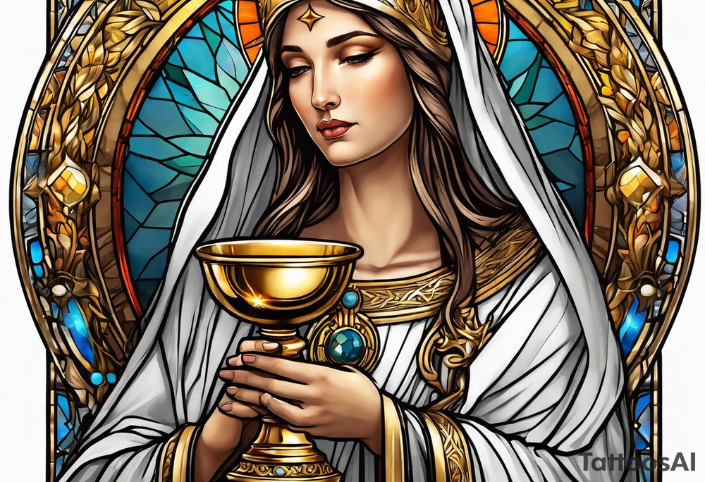 holy saint woman turned away with golden halo holding a chalice tattoo idea