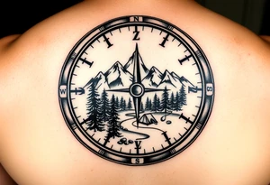 Open compass, bottom half with mountains, trees, stream, and tent. The S of the compass should be a fishing lure tattoo idea