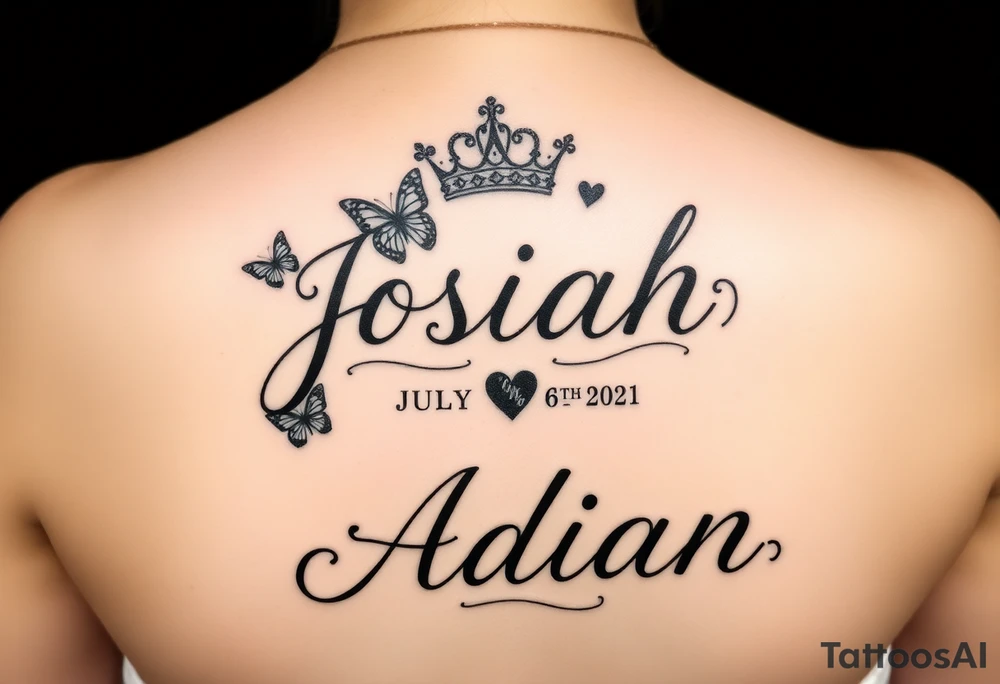 Feminine womens tatto that goes on tarso and in tattoo the names JOSIAH in cursive written with the date July 6th 2021 iAND NEXT TO NAME A PRINCE CROWN and butterfly's and the cancer zodiac number in between with the capricorn sing in between and hearts and the next part lower part of tatto the name ADIAN WITH THE DATE March 10th 2023 WITH A SMALLER PRINCE CROWN THEN THE JOSIAHS CROWN AND THEN LITTLE BUTTERFLYS WITH THE PACIES ZODIAC SING IN AND THE CAPRICORN ZODIAC SIGN BOTH SMALL AND IN BETWEEN THE BUTYERFLYS AND HEARTS MAKE IT MIX TOGTHER DO THE SAME WITH THE CANCER AND CPROCORN SIGN ABOVE tattoo idea
