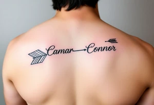 1 fine line  feminine arrow that incorporates the name Cameron and another fine line feminine arrow that incorporates the name Connor tattoo idea
