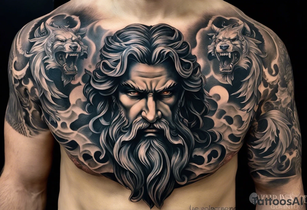 The tattoo features a highly realistic depiction of Hadès, the Greek god of the underworld, holding Cerberus, the three-headed guardian of the underworld, on a chain. Hadès is portrayed with a commanding and imposing presence. His face, marked by stern and intense eyes, exudes authority and control. His dark, flowing hair and beard are rendered with intricate details, adding texture and depth. He is draped in a richly detailed cloak that falls in realistic folds, enhancing his divine and somber demeanor. Cerberus, depicted in a dynamic and fierce pose, is shown with his three heads snarling and baring their fangs. Each head is intricately detailed with lifelike fur, sharp eyes, and menacing expressions. The three heads are chained, with the chains artistically wrapped around Hadès' hand, symbolizing his dominance over the beast. The chains themselves are depicted with realistic textures and shadows, emphasizing their weight and strength. The background remains minimalistic to keep the focus on Hadès and Cerberus. The tattoo uses detailed shading and highlights to bring out the textures of Hadès' cloak, Cerberus' fur, and the chains, capturing the dark and powerful essence of the Greek god and his fearsome guardian. tattoo idea
