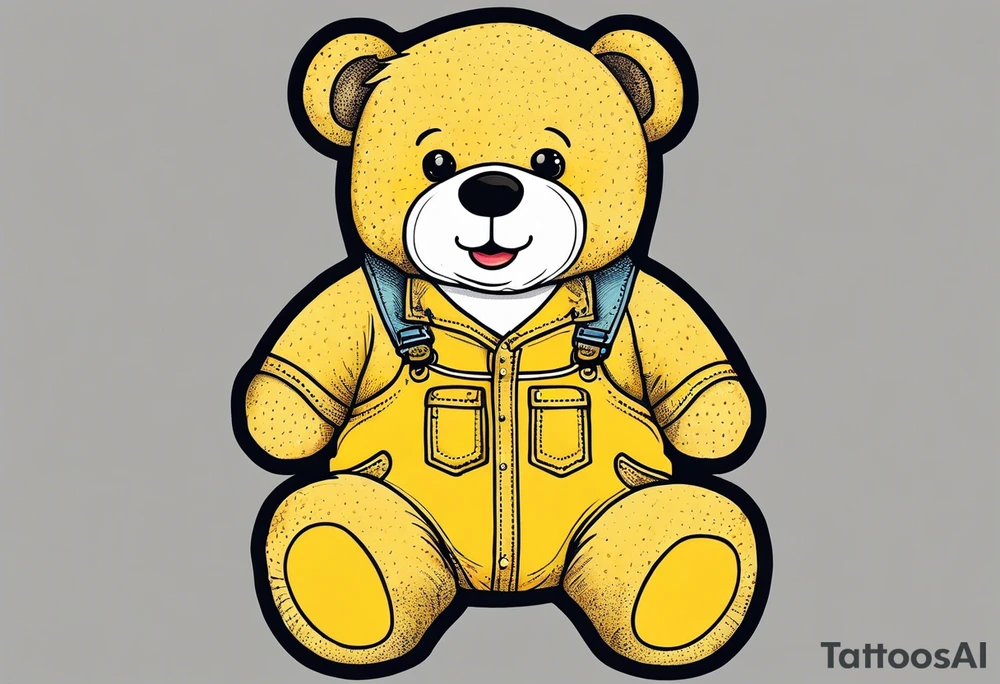 the back of a standing teddy bear in yellow overalls tattoo idea