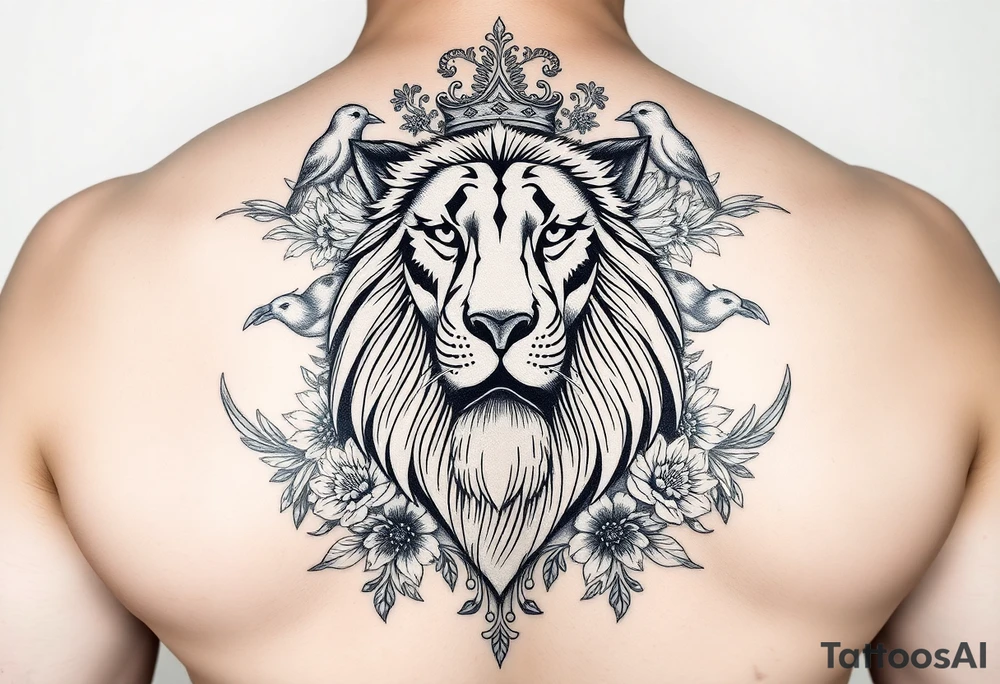 powerful majestic lion with a crown, surrounded by floral ornaments and birds tattoo idea