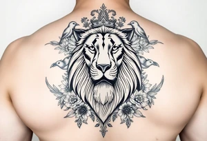 powerful majestic lion with a crown, surrounded by floral ornaments and birds tattoo idea
