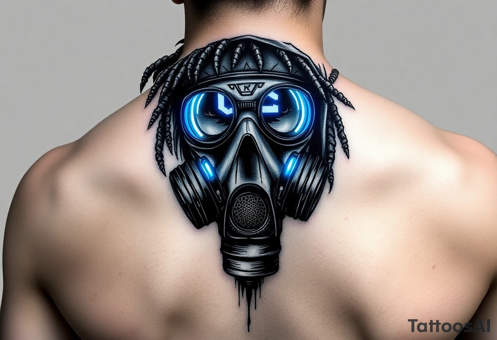 Tech-Nomad Mask
A stylized, worn-out respirator or gas mask, modified with neon lights and HUD displays.
Dreadlocks or a tattered hood for a post-apocalyptic feel.
A mix of traditional shading with futuristic digital glows. tattoo idea