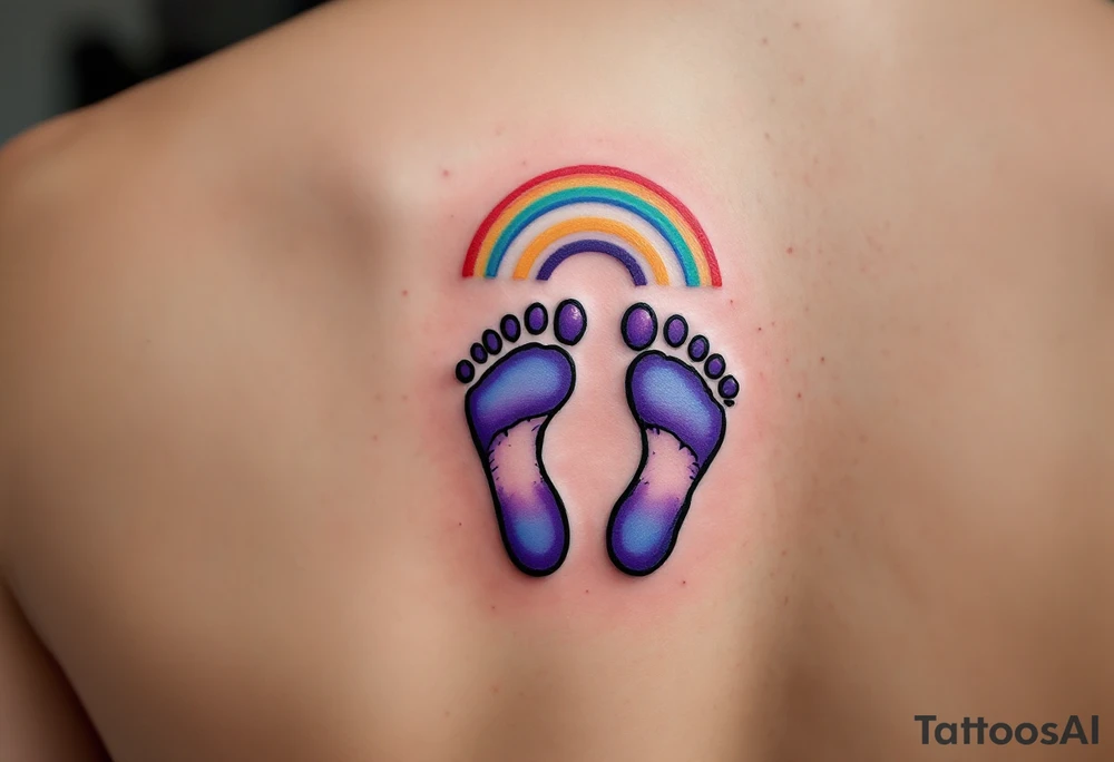 Bright purple and light blue footprints of Anna, surrounded by a small rainbow arching over them, symbolizing hope and joy. tattoo idea