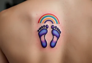 Bright purple and light blue footprints of Anna, surrounded by a small rainbow arching over them, symbolizing hope and joy. tattoo idea