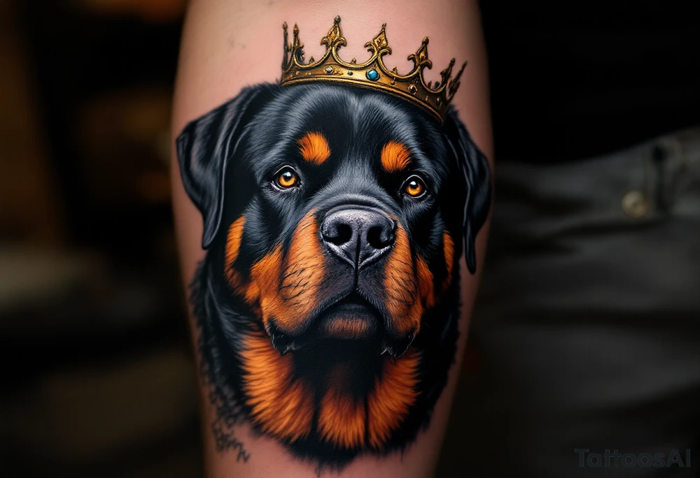 Rottweiler with Crown – A proud black and tan Rottweiler wearing a worn gold crown, symbolizing loyalty and strength. Hyper-realistic fur texture with warm amber eye details. tattoo idea