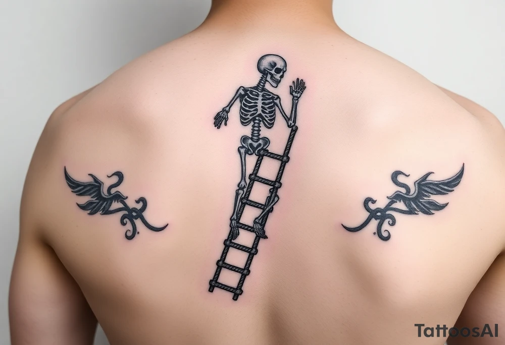 skeleton clibing up rope ladder tattoo idea