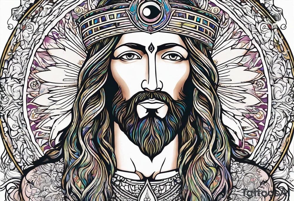 flat stern byzantine Christ with all-demanding eyes with a halo made of peacock feathers and pecan trees tattoo idea