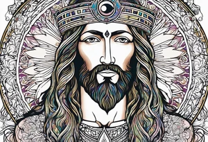 flat stern byzantine Christ with all-demanding eyes with a halo made of peacock feathers and pecan trees tattoo idea