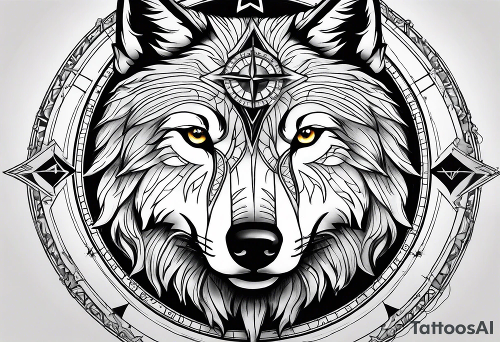 Compass in a wolf face tattoo idea