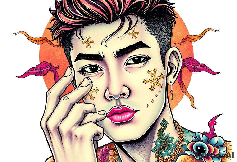 Handsome Asian young guy is putting ritual symbols on his face tattoo idea